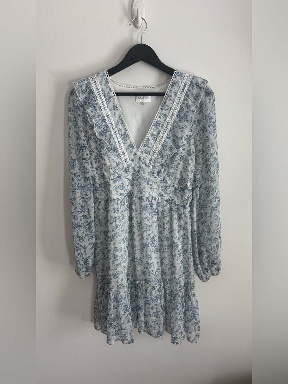 Sugarlips Light Blue Floral Lace-Trim Long Sleeve Dress